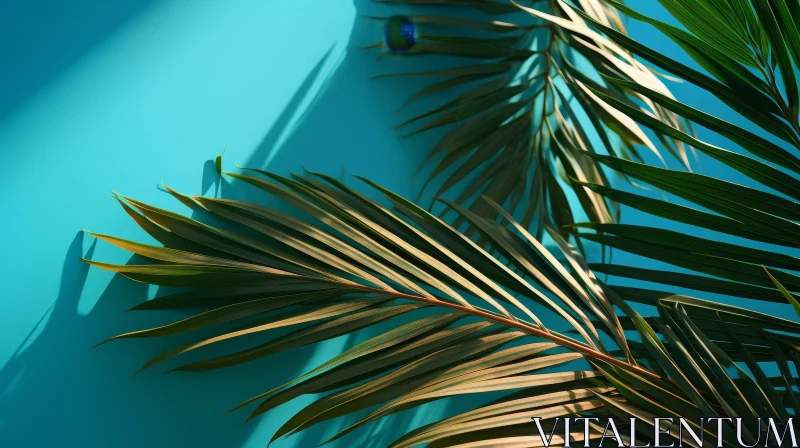 AI ART Close-up Palm Leaf on Blue Background