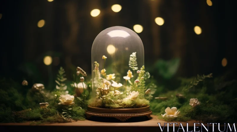 Elegant Glass Dome Flower Arrangement Still Life AI Image