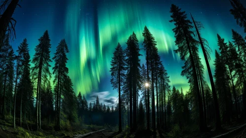 Enchanting Night Forest with Aurora Borealis and Starry Sky