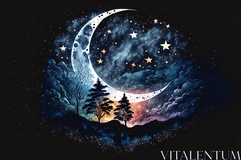 Ethereal Watercolor Landscape with Stars, Crescent, and Trees AI Image