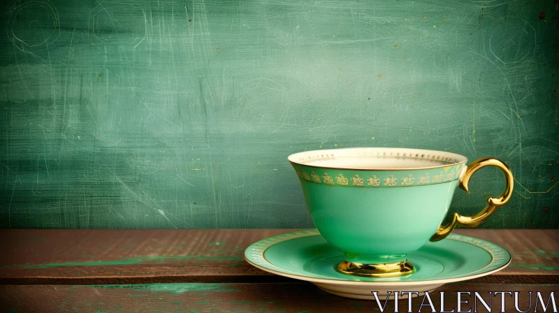 Green Teacup on Wooden Table - High Angle Shot AI Image