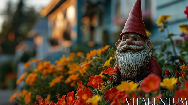 Majestic Ceramic Garden Gnome in Flower Bed AI Image