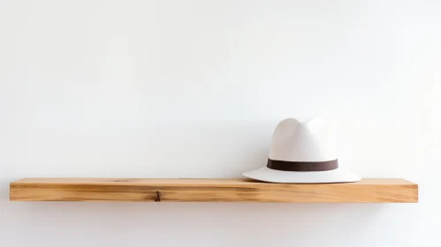 Minimalist White Fedora-Style Hat on Wooden Shelf