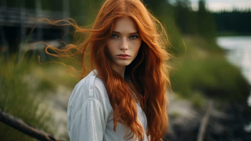 Serious Young Woman with Red Hair in Forest