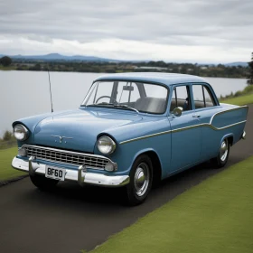 Classic Elegance: A Serene Blue Car Parked on Green Grass