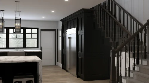 Contemporary Kitchen with Black Fridge and Wood Staircase