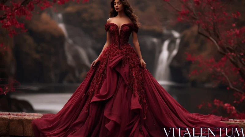 Elegant Woman in Red Ball Gown with Diamond Earrings Outdoors AI Image