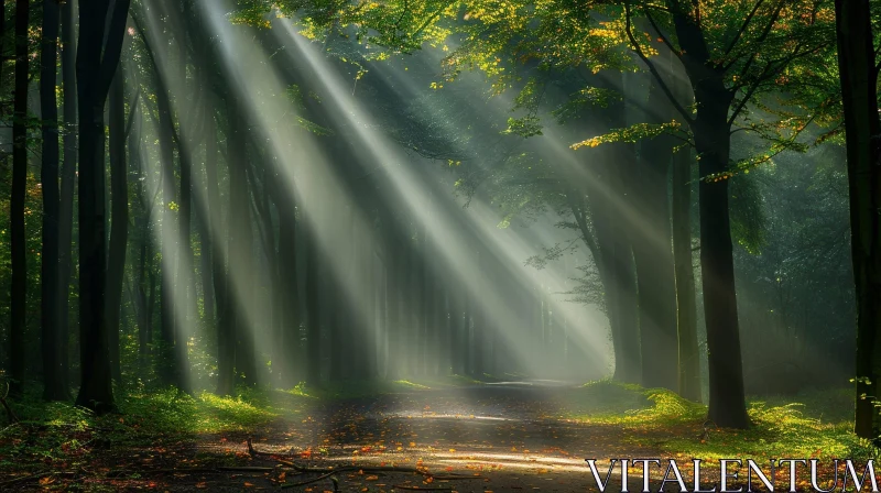 Enchanting Forest Scene with Sunlight and Mist AI Image
