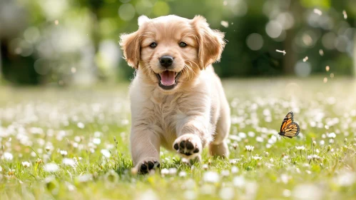 Golden Retriever Puppy Running in Flower Field