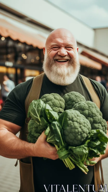 Happy Man Holding Broccoli in Market Setting AI Image