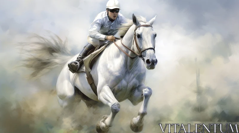 Thrilling Jockey on White Horse Jumping Over Obstacle AI Image
