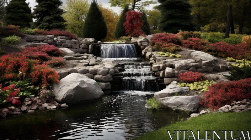 Tranquil Waterfall in a Verdant Park AI Image