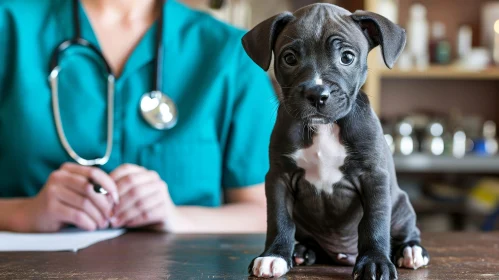 Veterinarian Examining Small Black Puppy