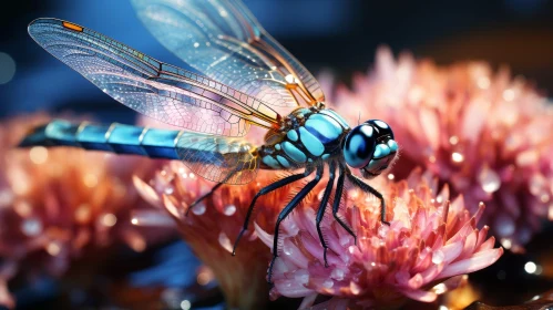 Blue Dragonfly on Pink Flower - Nature Close-up