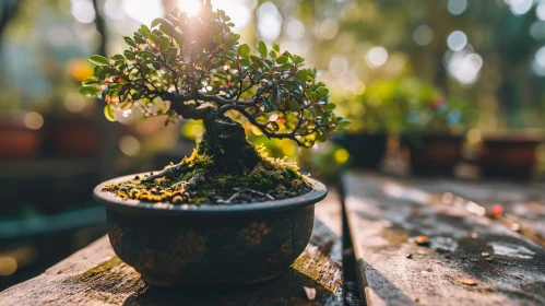 Close-Up Bonsai Tree in Ceramic Pot Outdoors