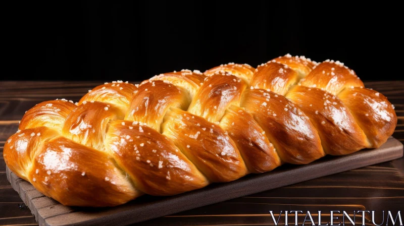 Golden Brown Braided Loaf Bread on Wooden Cutting Board AI Image