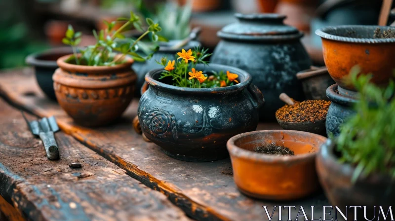 Rustic Still Life with Clay Pots and Yellow Flowers AI Image