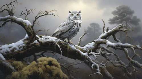 Snowy Owl on Branch in Winter Forest Painting