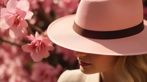 Young Woman in Pink Hat Among Flowers