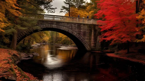 Autumn Stone Bridge Over River - Tranquil Nature Scene