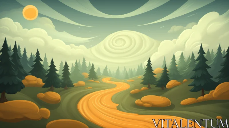 Cartoon Landscape with Orange River and Sun AI Image