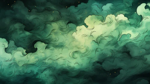 Night Sky Clouds in Green and Yellow Swirls