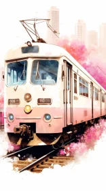 Pink and White Retro Tram on Railway Track in Cityscape