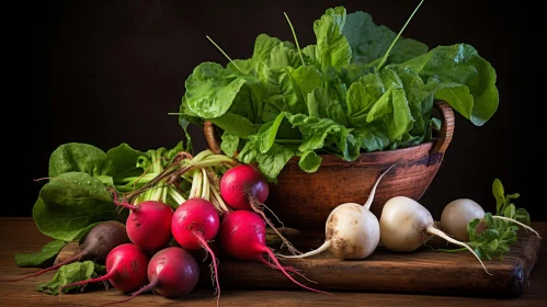 Radishes and Spinach Still Life Composition