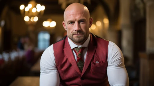 Serious Bald Man Portrait in Red Vest
