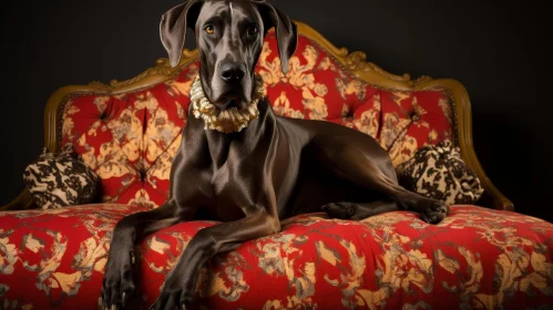 Serious Great Dane Dog on Red and Gold Couch
