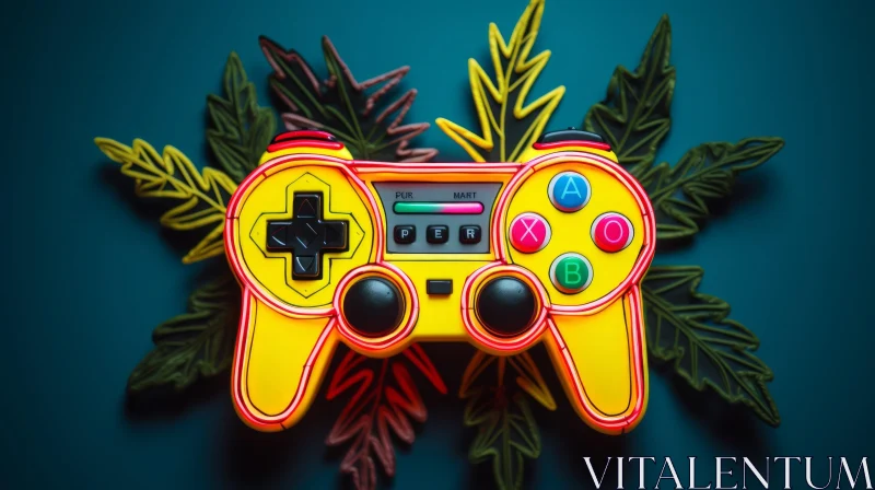 Yellow Video Game Controller Surrounded by Leaves AI Image