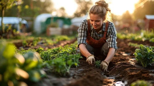 Young Woman Gardening - Planting Seedlings in Garden Bed