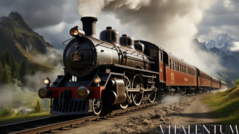 AI ART Black Steam Locomotive on Mountain Railroad Track