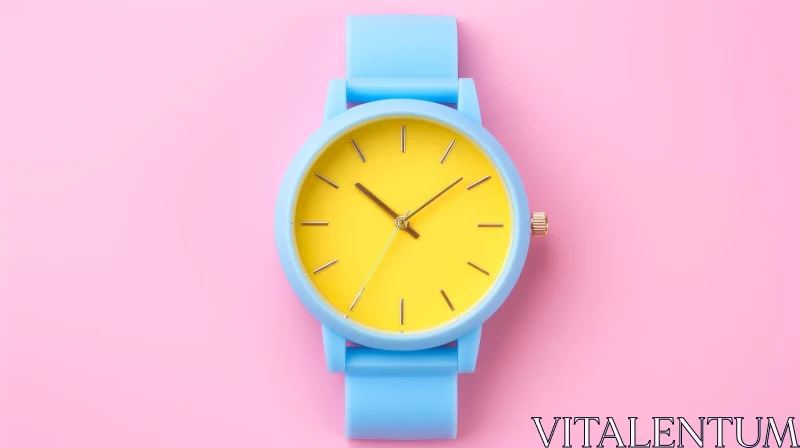 Blue and Yellow Wristwatch on Pink Background AI Image