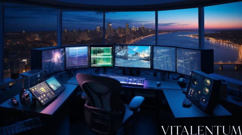 City Night View: Computer Monitors Displaying Code and Maps AI Image