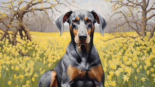 Doberman Pinscher Dog in Field of Yellow Flowers