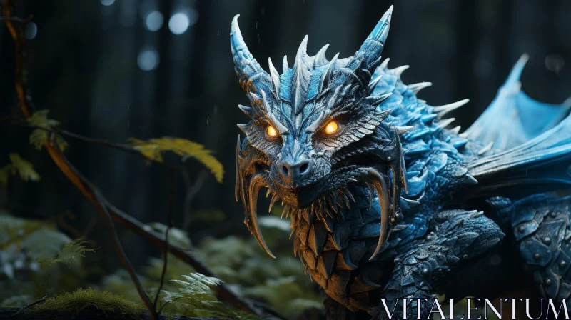 Enchanting Blue Dragon in Dark Forest AI Image