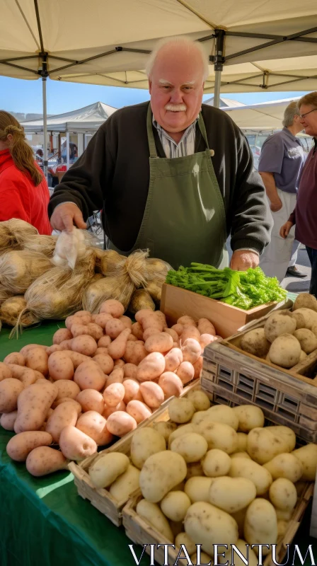 Friendly Farmer Selling Potatoes at Market AI Image