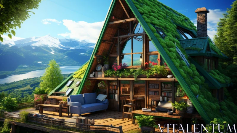 Mountain House Serenity - Digital Painting AI Image
