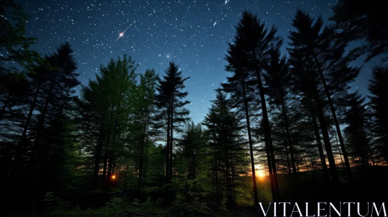 Night Forest Landscape with Stars and Pine Trees AI Image