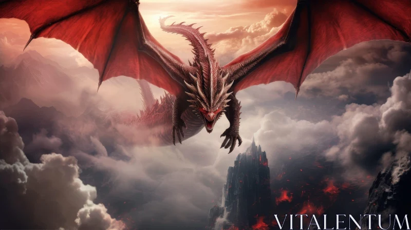 Red Dragon Flying Over Snowy Mountains - Digital Fantasy Artwork AI Image