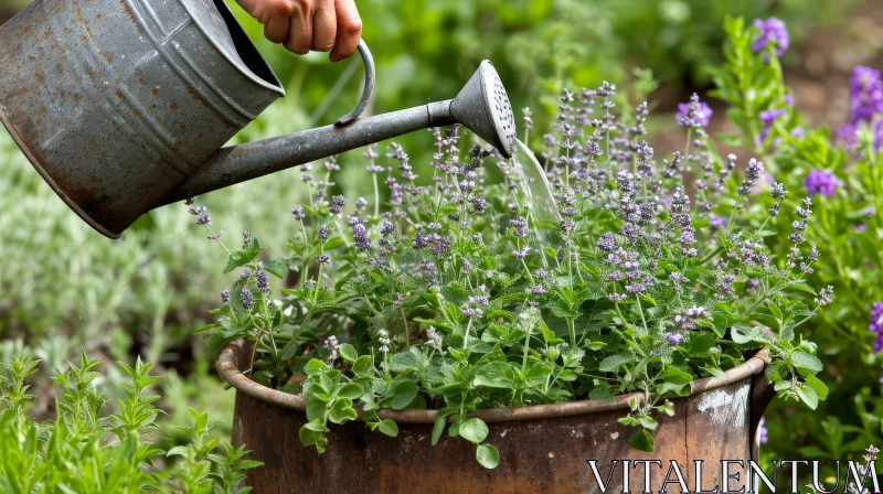 Rustic Lavender Plant Watering Scene AI Image