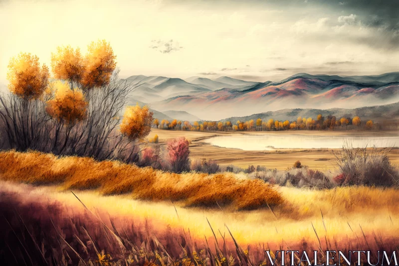 Serene Autumn Landscape Painting with Vibrant Flora AI Image