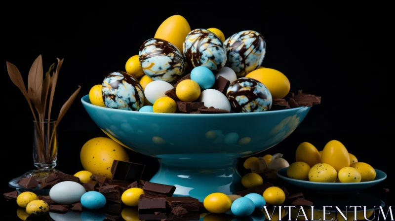 AI ART Blue Bowl with Chocolate Easter Eggs and Flower on Black Table