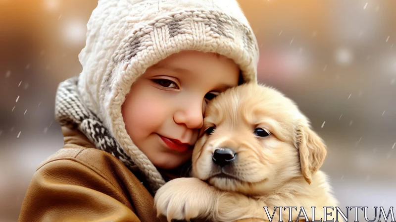 Boy and Golden Retriever Puppy in Snowfall AI Image