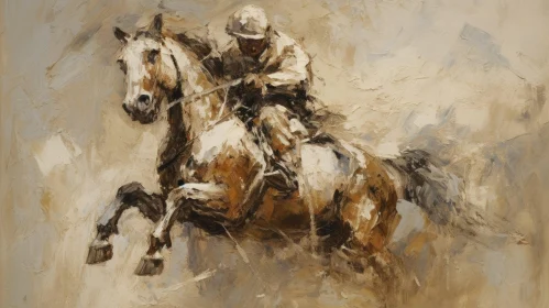 Brown and White Horse Jumping Over Obstacle - Oil Painting