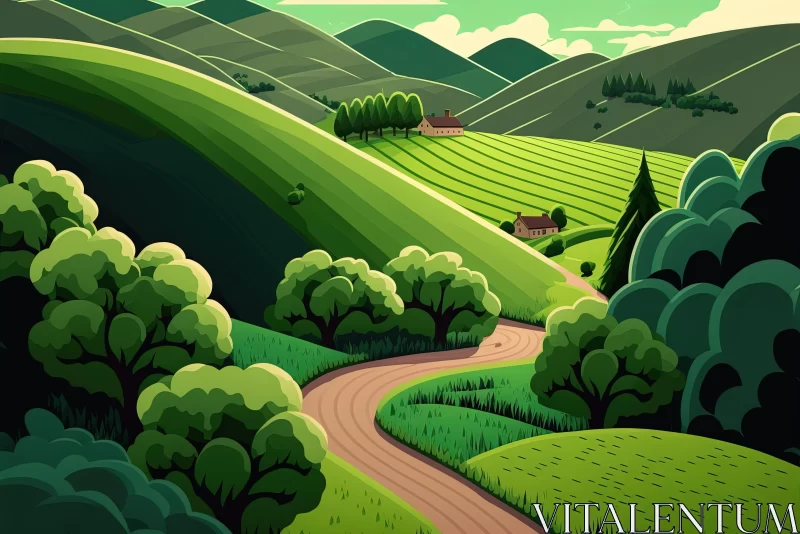 Captivating Green Road Illustration: A Whimsical Journey through Rural America AI Image
