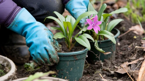 Close-Up Planting: Person with Blue Gloves Planting Pink Flower
