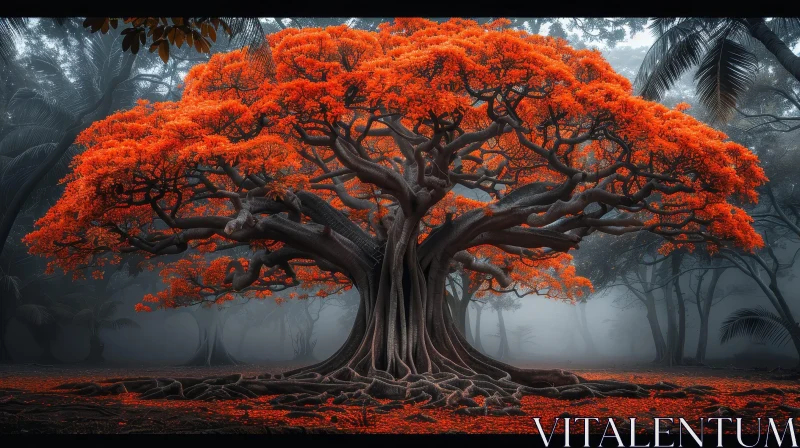 Majestic Tree in Forest with Bright Orange Leaves AI Image