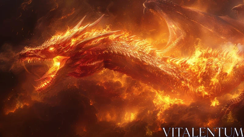 Red Dragon Digital Painting in Fiery Sky AI Image